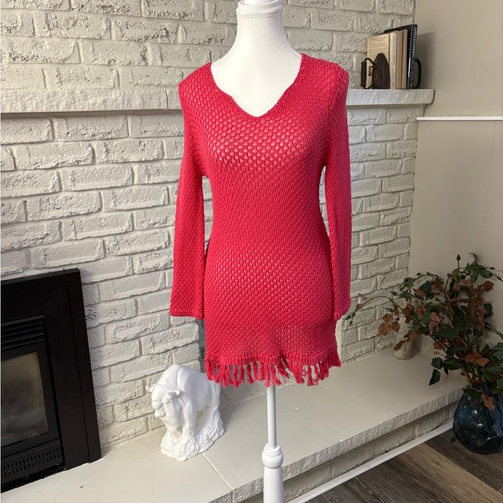 Tribal Women's Hot Pink Open-Knit Tunic Sweater with Fringe Size Small